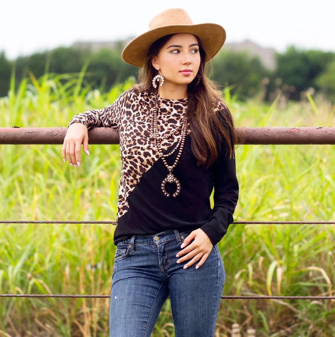 Long Sleeve Color Block Leopard Print Top