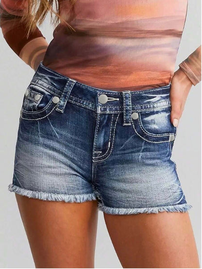 Horseshoe Embroidery Tassel Hole Wash Denim Shorts