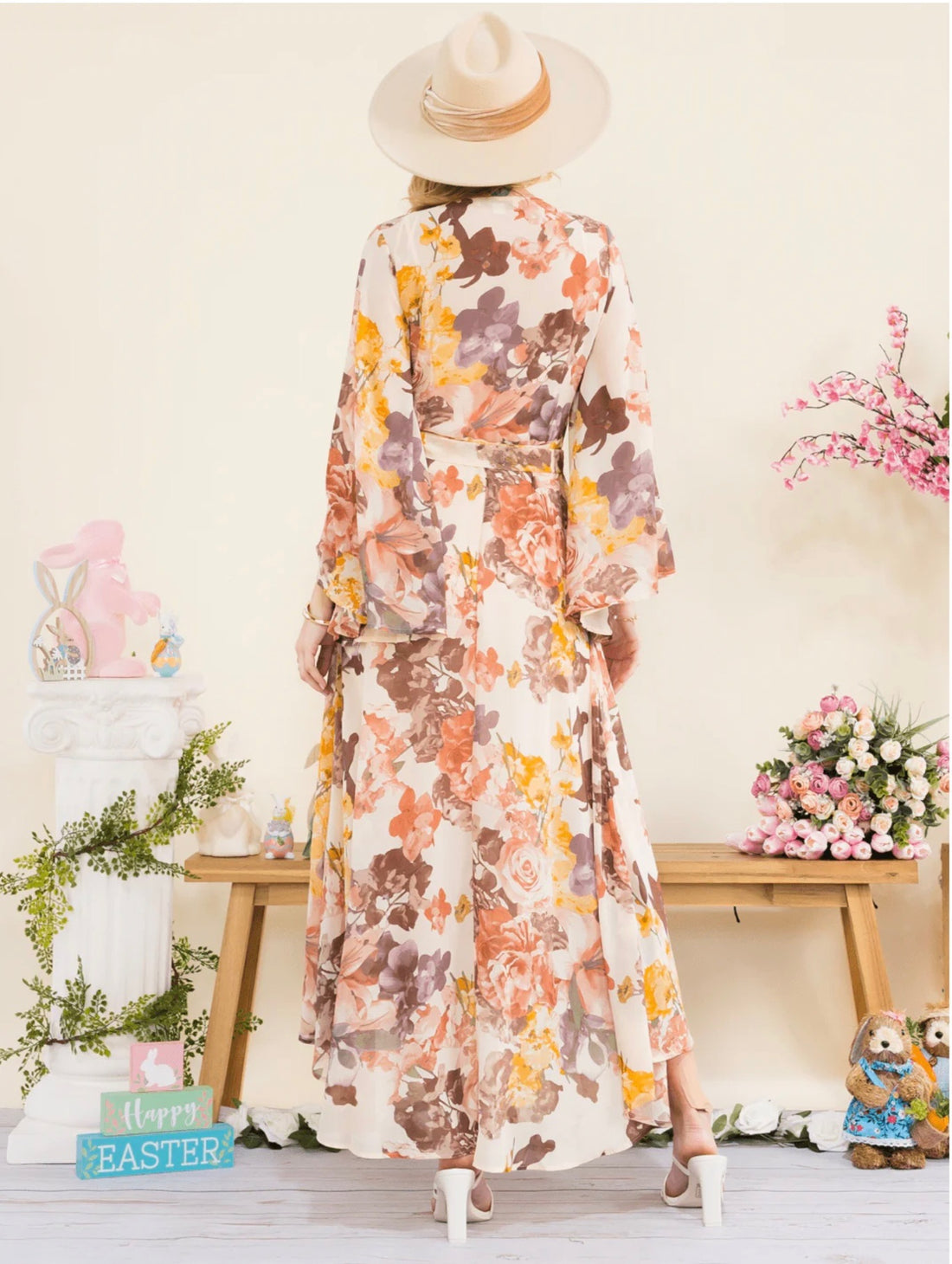 Long Bell Sleeve Self Tie Floral Maxi Dress