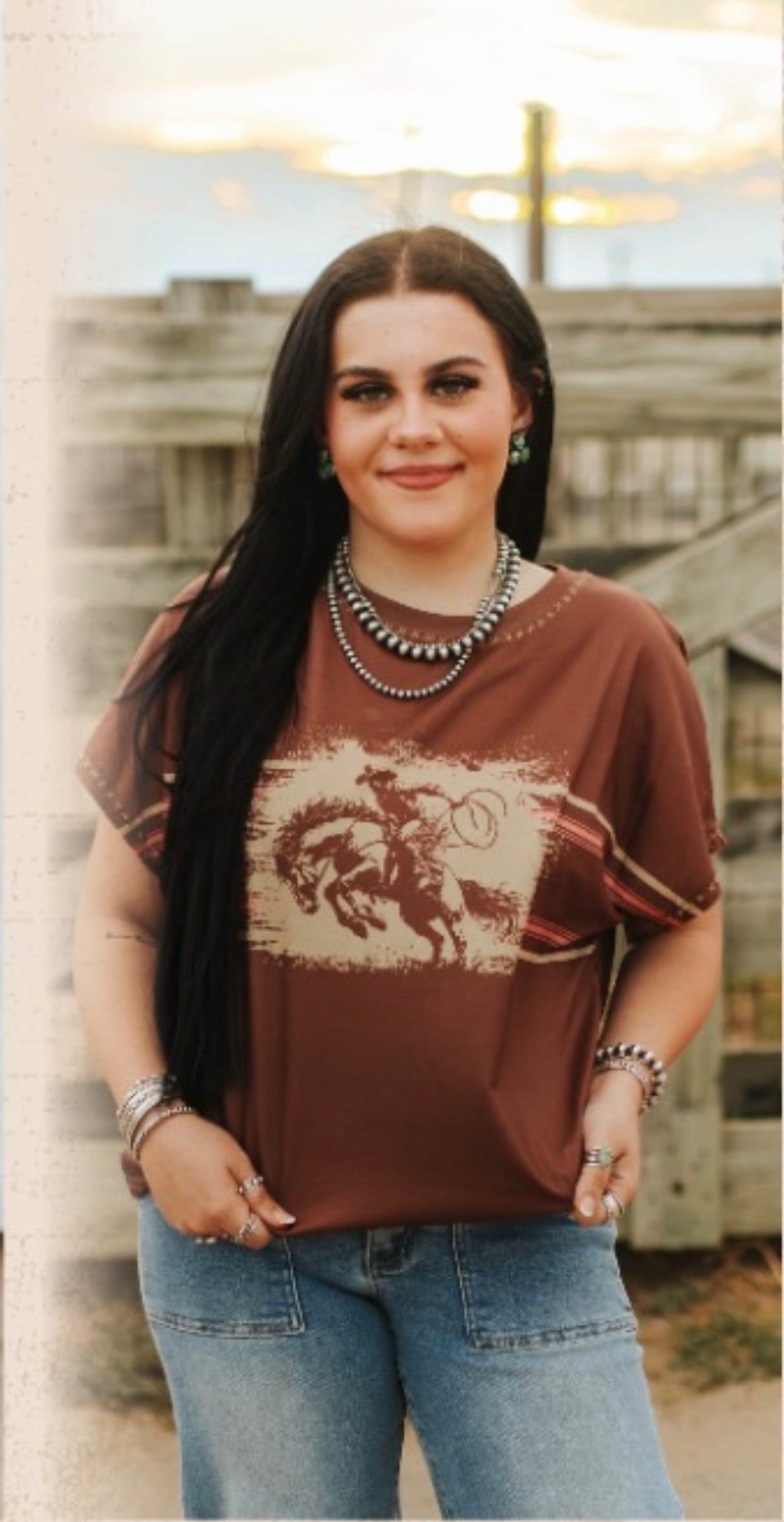 Brown Rodeo Cowboy Print Short Sleeve Top