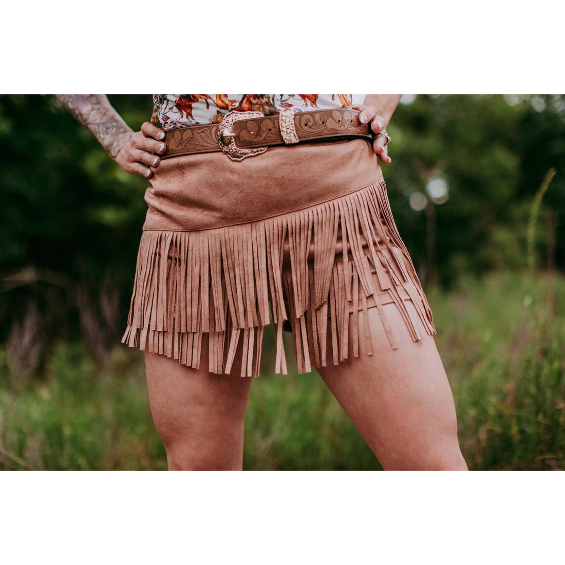 Holy Cow Vegan Suede Fringe Front Shorts- Brown