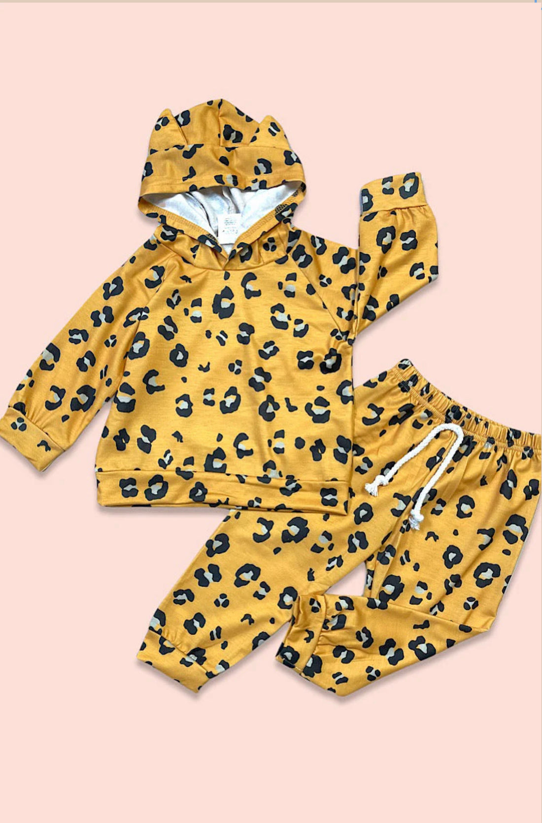 Girls Yellow Leopard Printed Jogger Set with Hood