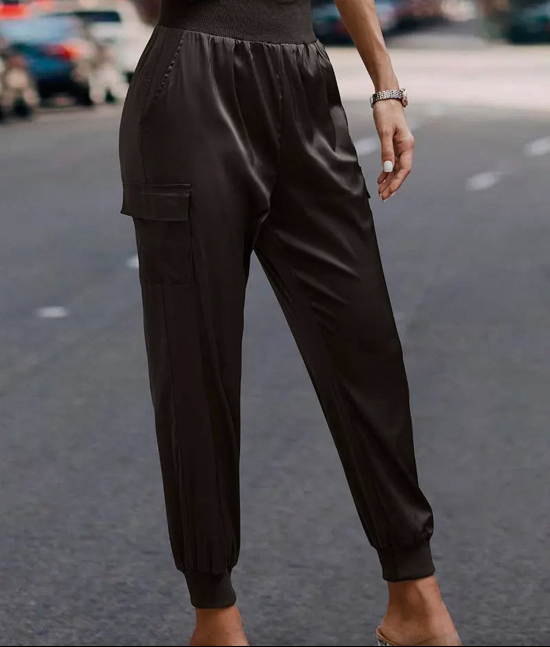 High Waist Long Pant Trousers with Pocket Satin Jogger Pants