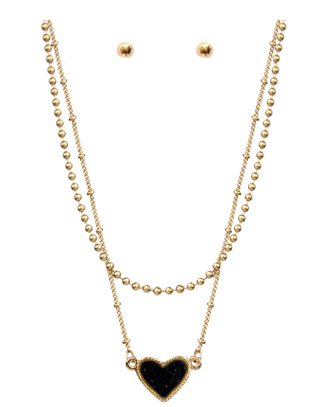 Small Druzy Heart Shaped Layered Pendant Necklace In Goldtone with Matching Earrings