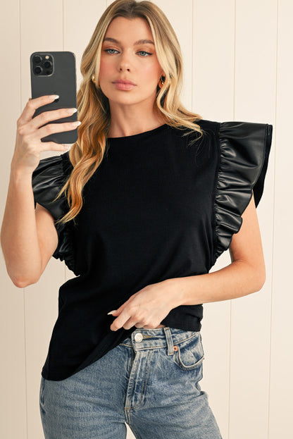 Women’s Acelitt Black Patchwork Knitted Ribbed Ruffle Trim Blouse