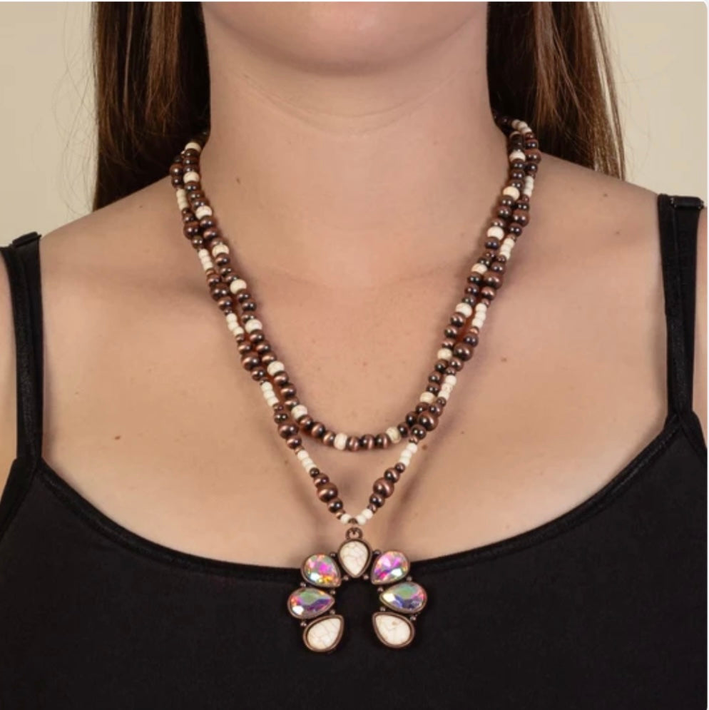 White Hematite and Rhinestone Squash Blossom on Layered Necklace