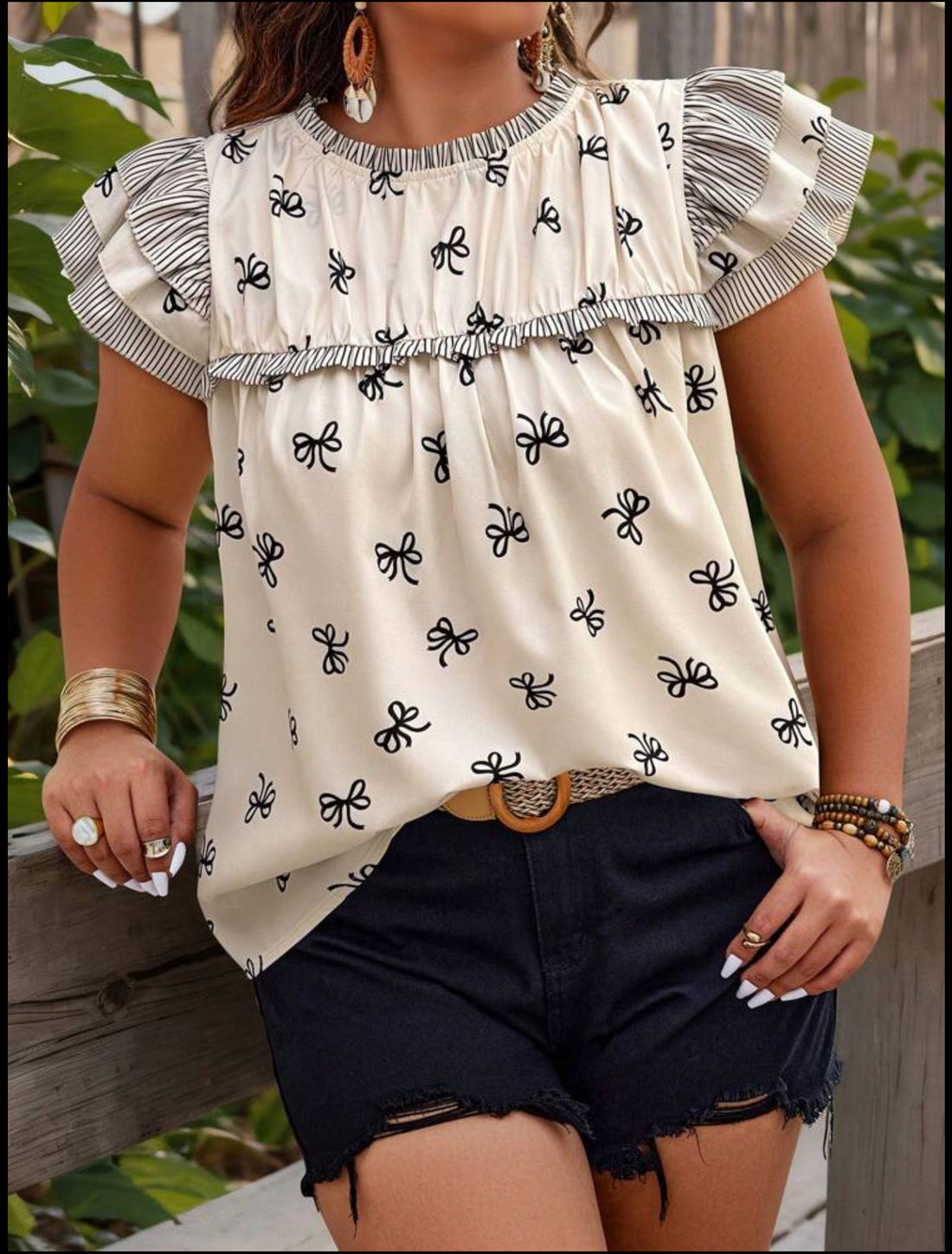 Breezaya Bow Print with Stripe Ruffle Trim Top- Cream