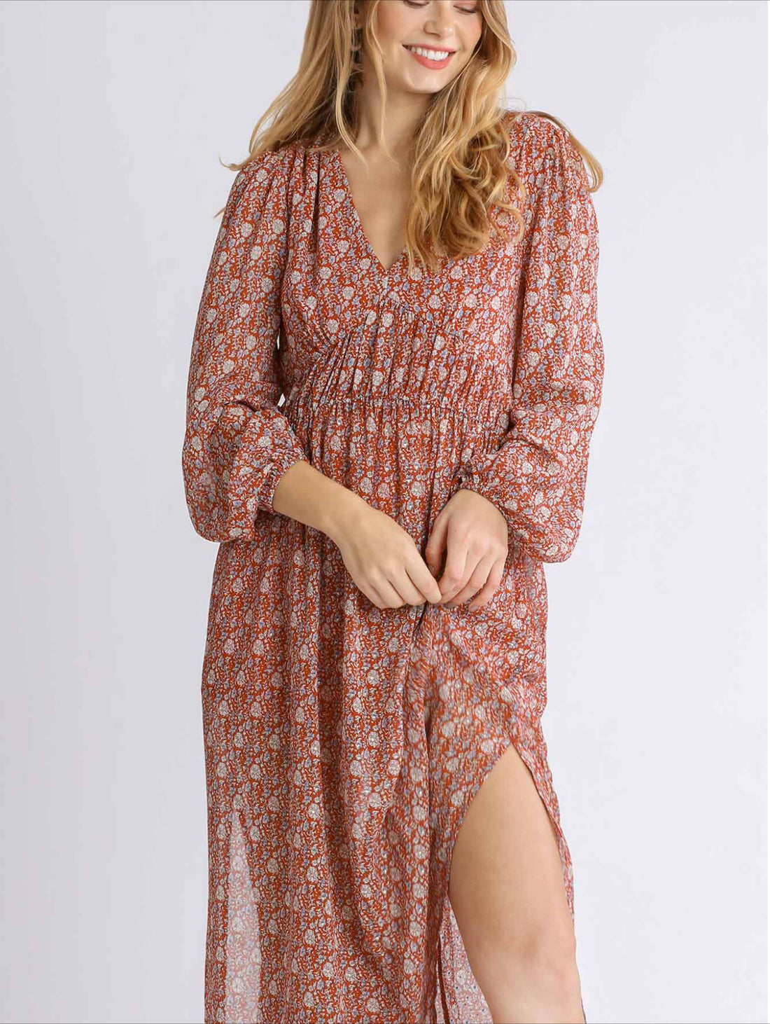 Sheer Floral Print Long Sleeve Smocked V-Neck Maxi Dress with Side Slits and Lining