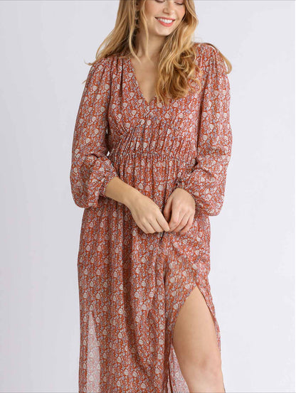 Sheer Floral Print Long Sleeve Smocked V-Neck Maxi Dress with Side Slits and Lining