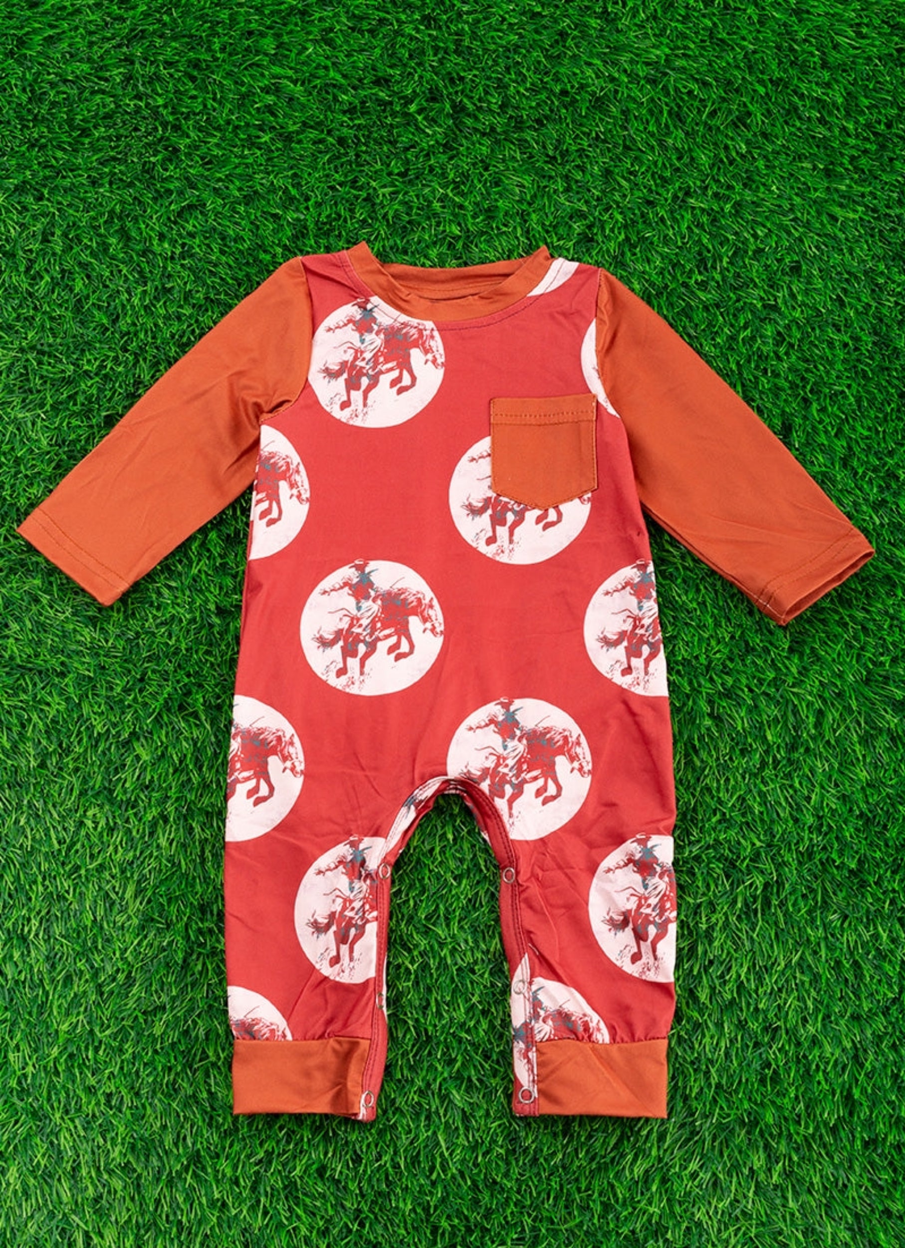 Bucking Horse Rider Printed Romper with Snaps