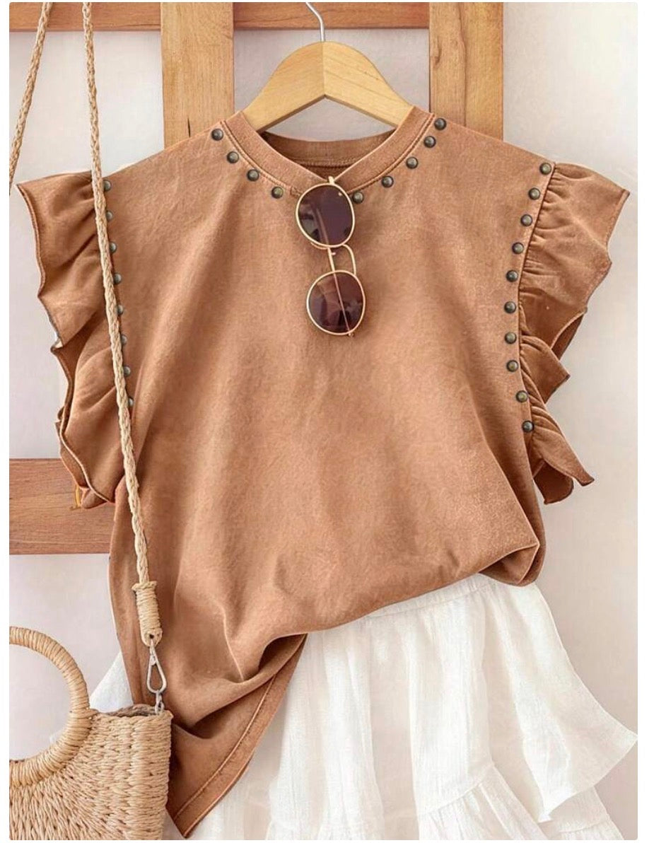 Resyla Rivet Craft Fashion Ruffle Cuff Round Neck Top
