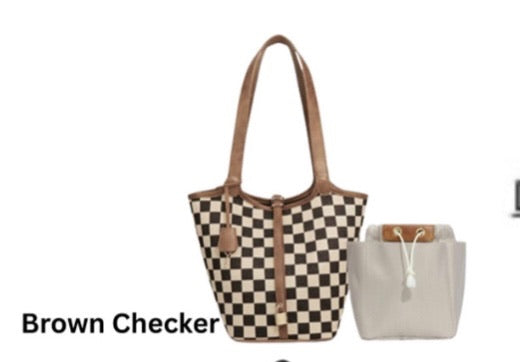 Checkered Plaid Bucket Tote Bag with Padlock