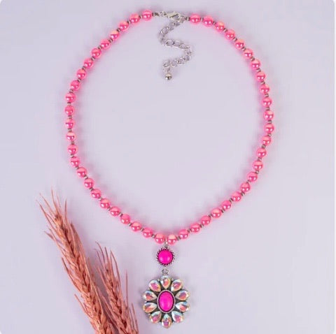 Iridescent Turquoise Sun Burst on Bead Necklace