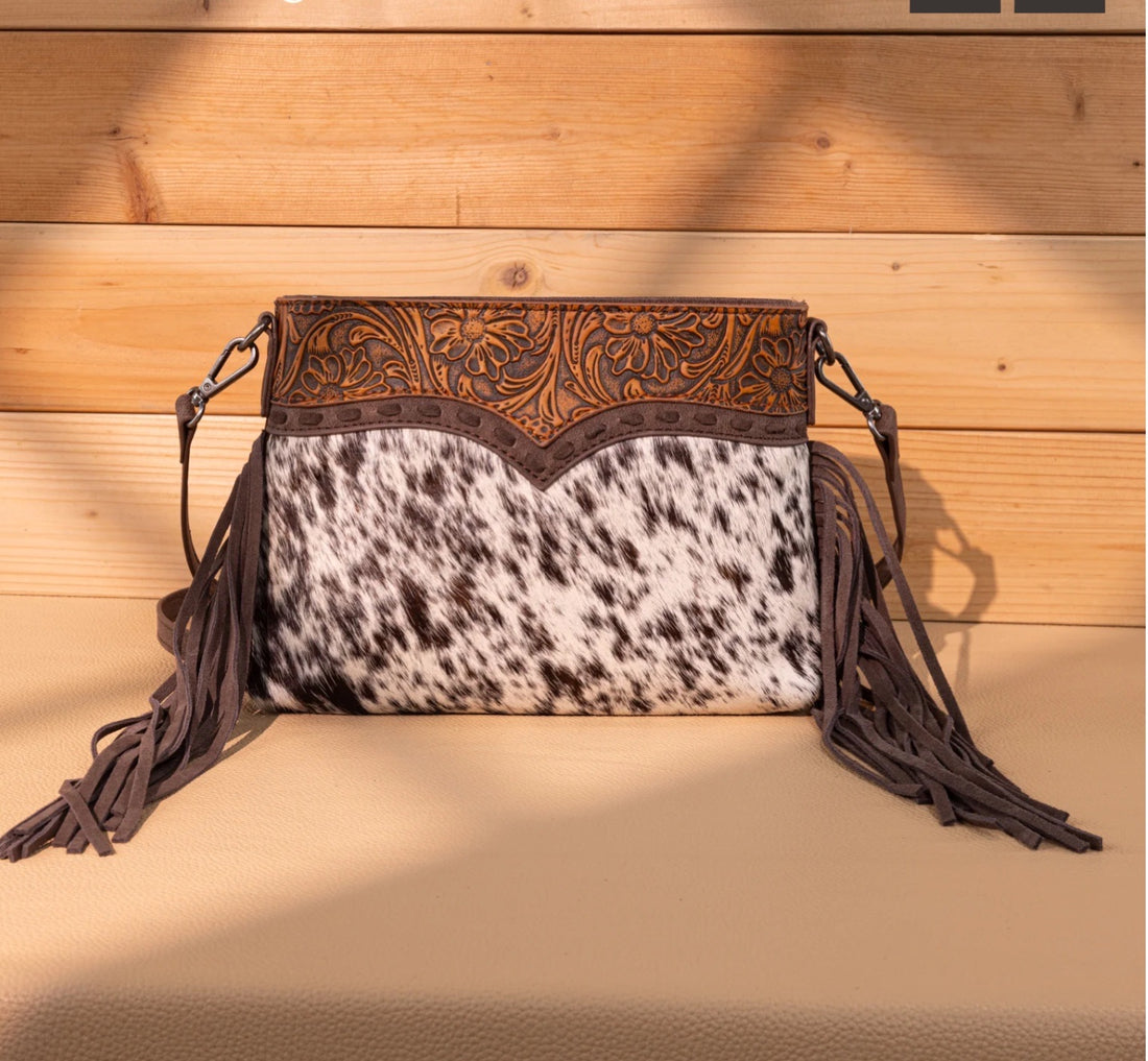Trinity Ranch Floral Tooled Hair On Cowhide Crossbody