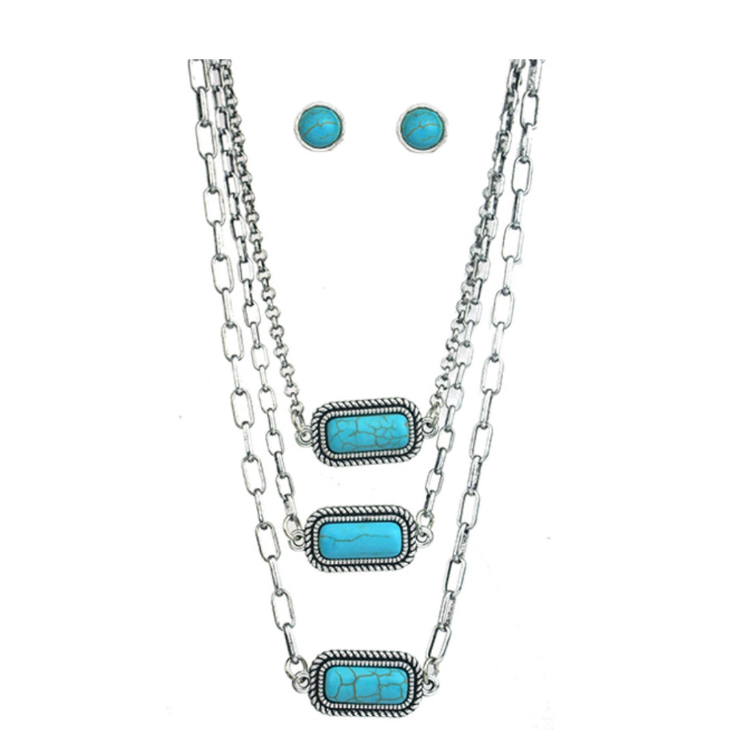 Layered Rectangle Turquoise Necklace with Turquoise Stud Earrings