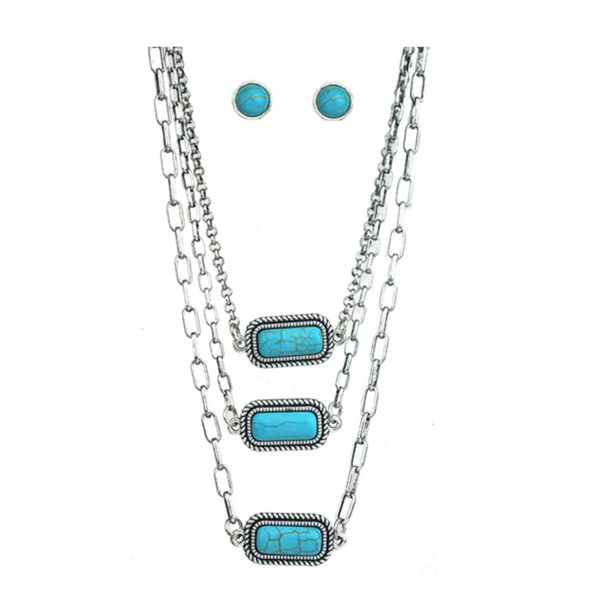 Layered Rectangle Turquoise Necklace with Turquoise Stud Earrings