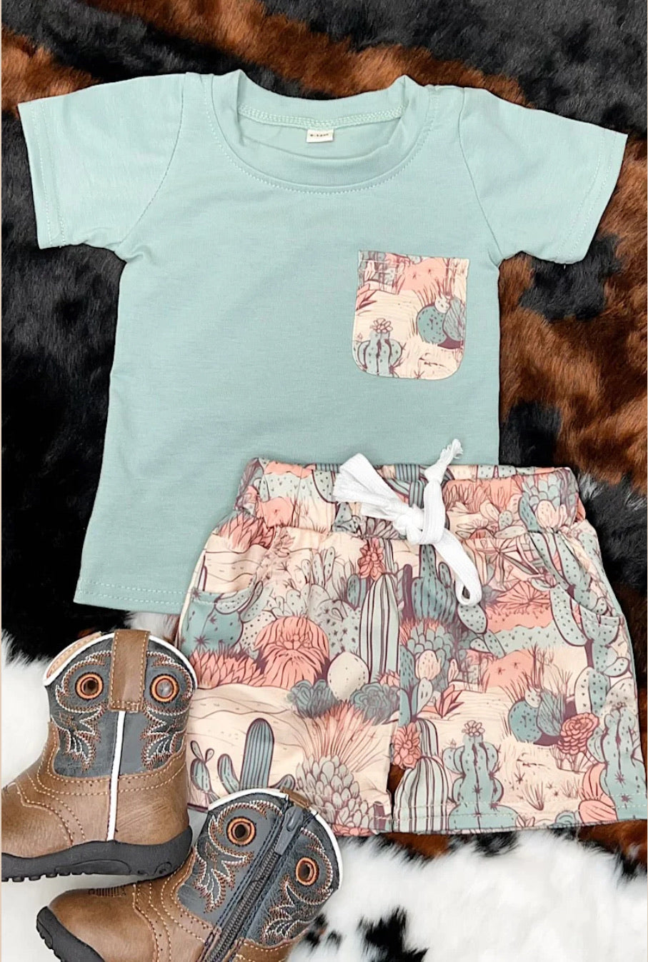 Dusty Green Pocket Tee with Cactus on the Dessert Printed Shorts