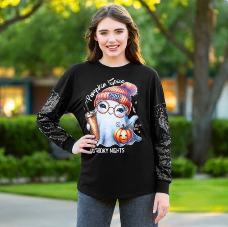 Pumpkin Spice and Spooky Nights Sequin Sleeve Top