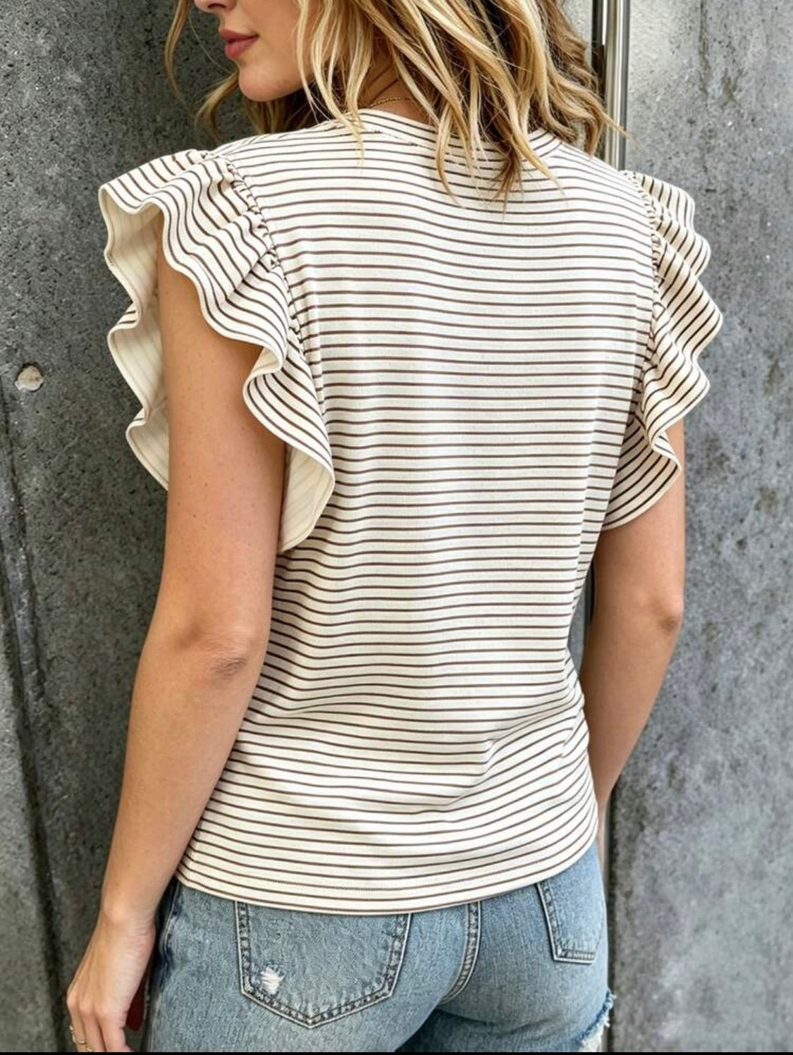 Striped Print Floral Craft Ruffle Cuff Round Neck T-Shirt