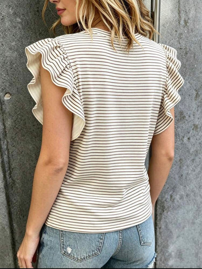 Striped Print Floral Craft Ruffle Cuff Round Neck T-Shirt