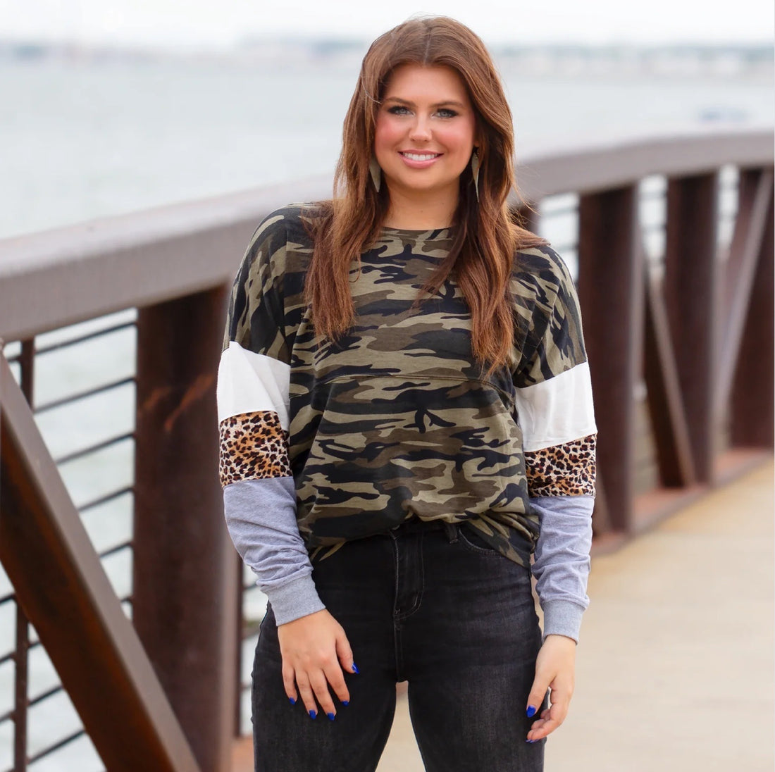 Leopard Print Camouflage Color-block Jersey Long Sleeve Top