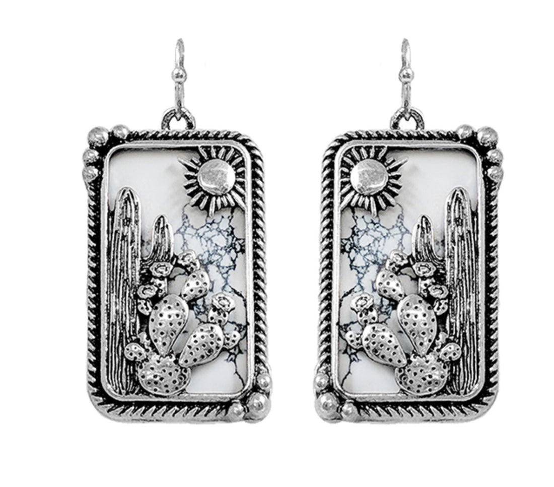 White Turquoise Desert Scene Dangle Earrings
