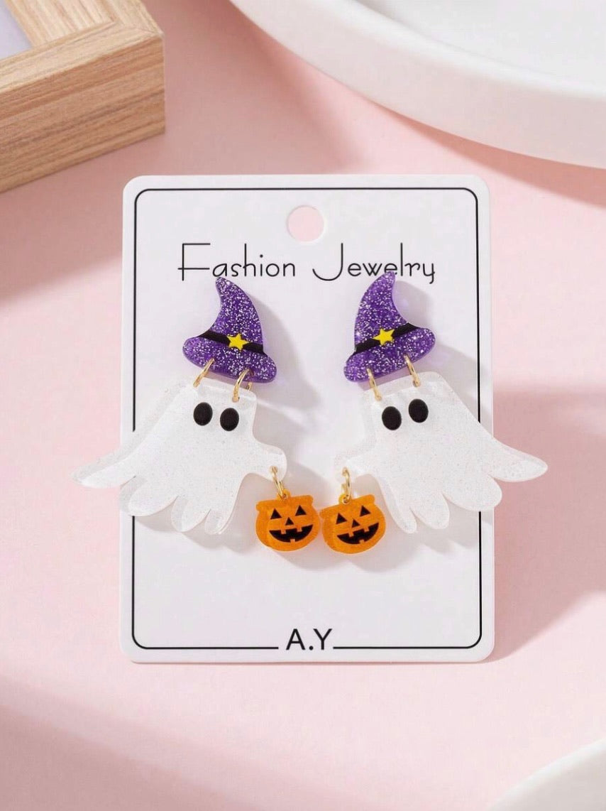 Sparkling Witch Hat Ghost Dangle Earrings
