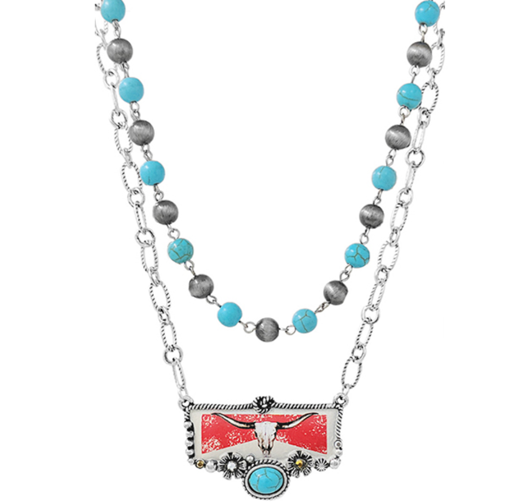 Marbrol Steer Flower Pendant on Layered Turquoise Navajo Bead Necklace