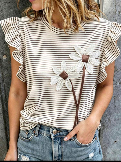 Striped Print Floral Craft Ruffle Cuff Round Neck T-Shirt