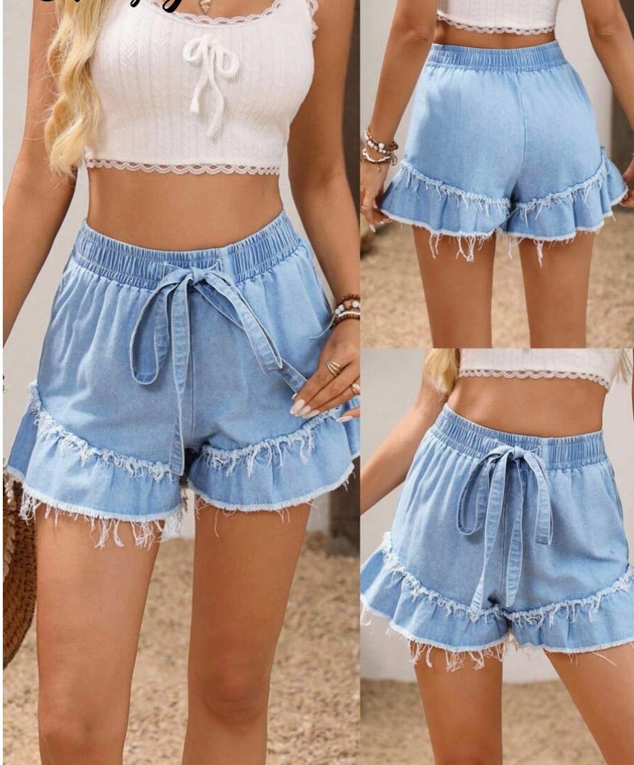 Womens Belted Fringe &amp; Ruffle Hem Denim Shorts