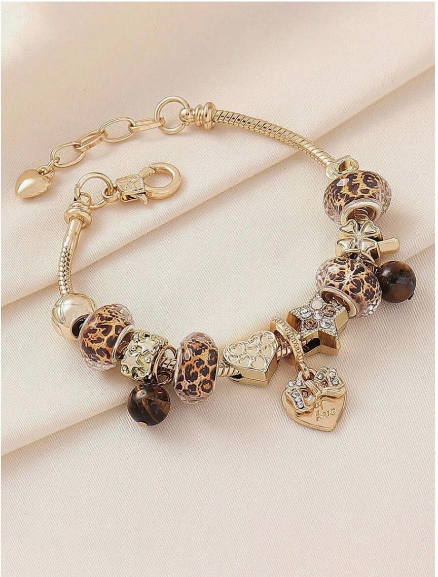 Leopard Bead Gold Charm Bracelet