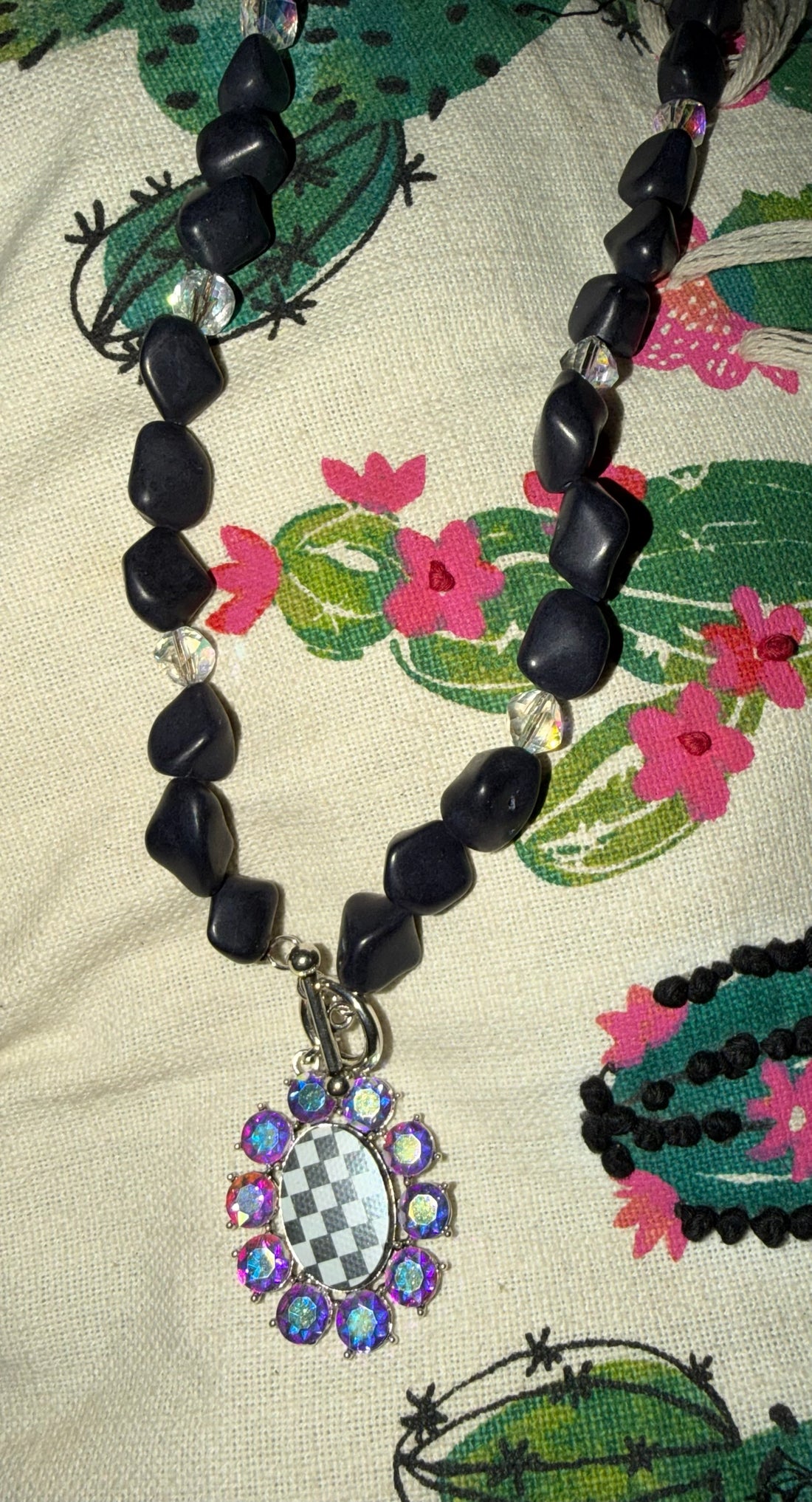 Black Checkered Rhinestone Pendant Necklace