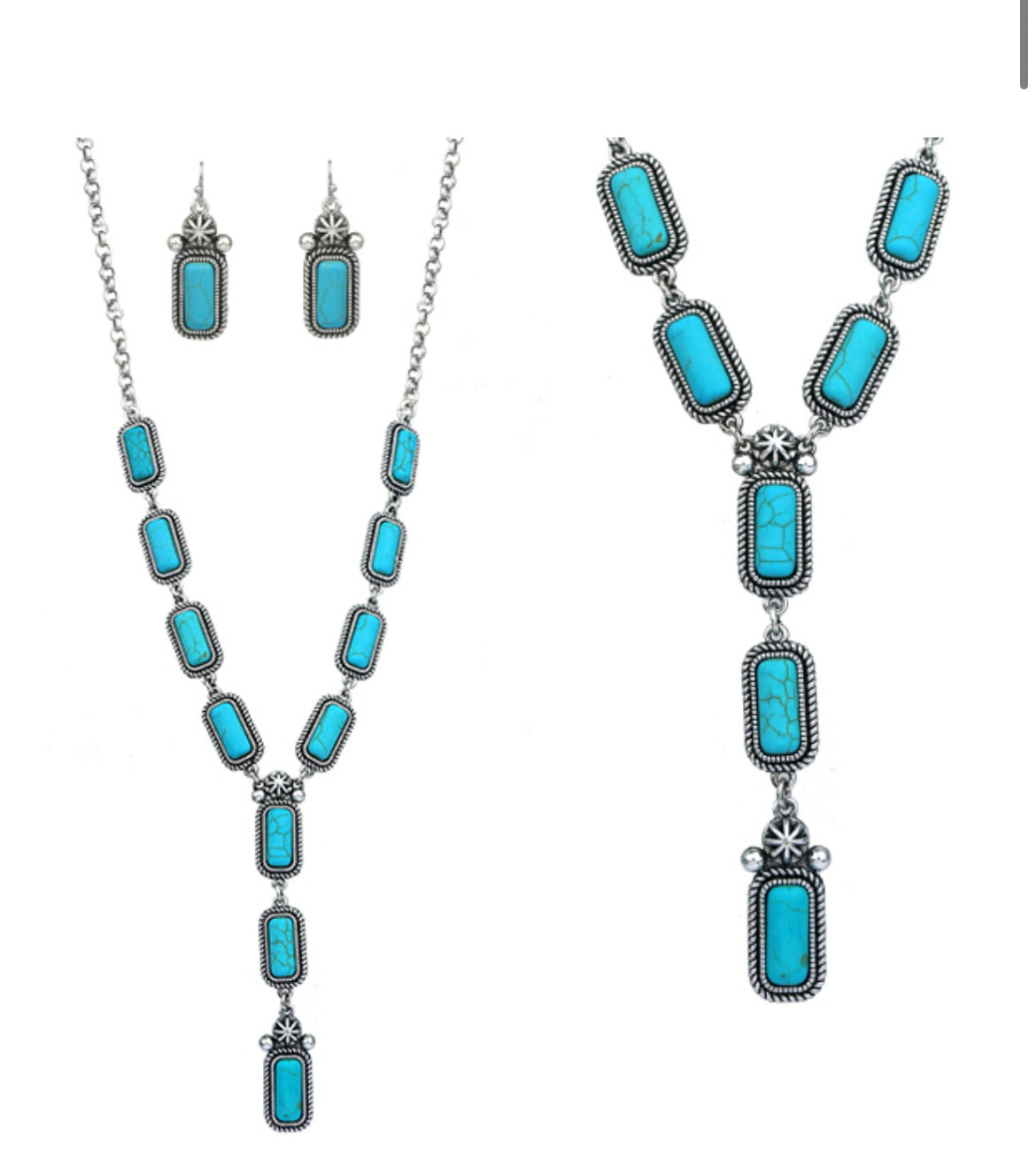 Rectangle Turquoise Drop Necklace with Floral Burst Accents and Matching Dangle Earrings