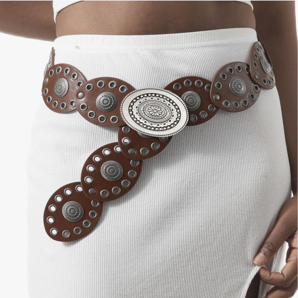 Vintage Western Leather Boho Concho Rivet Belt