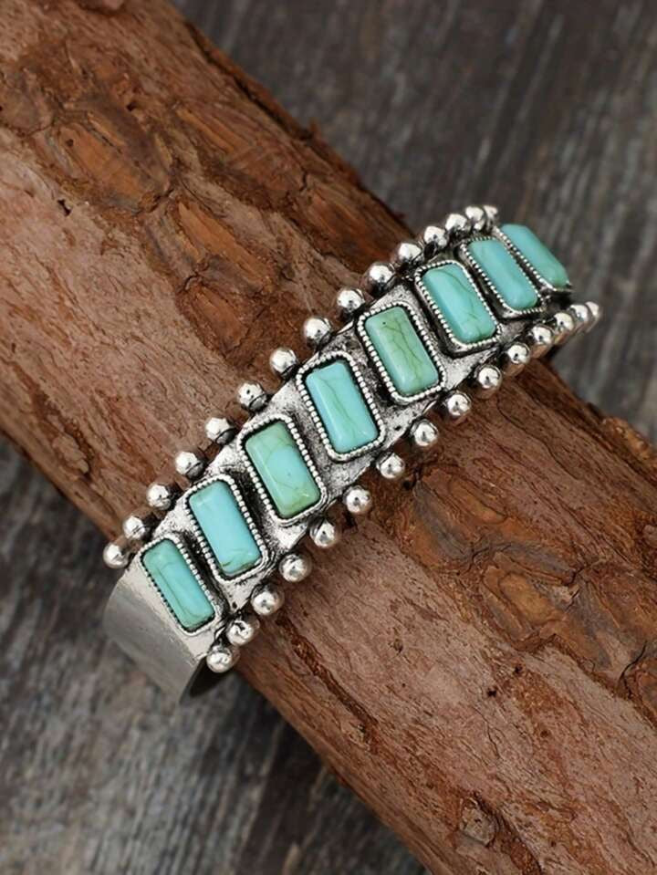 Burnished Silver Metal Cuff with Turquoise Inset Stones