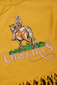 “Cowgirls” Yellow Graphic Fringe Top