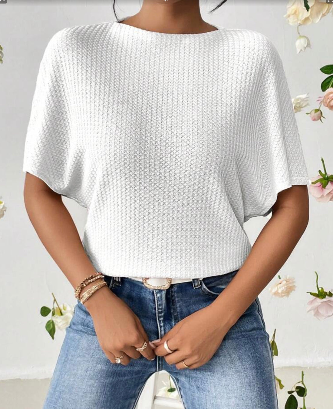 Solid Color Batwing Round Neck Top