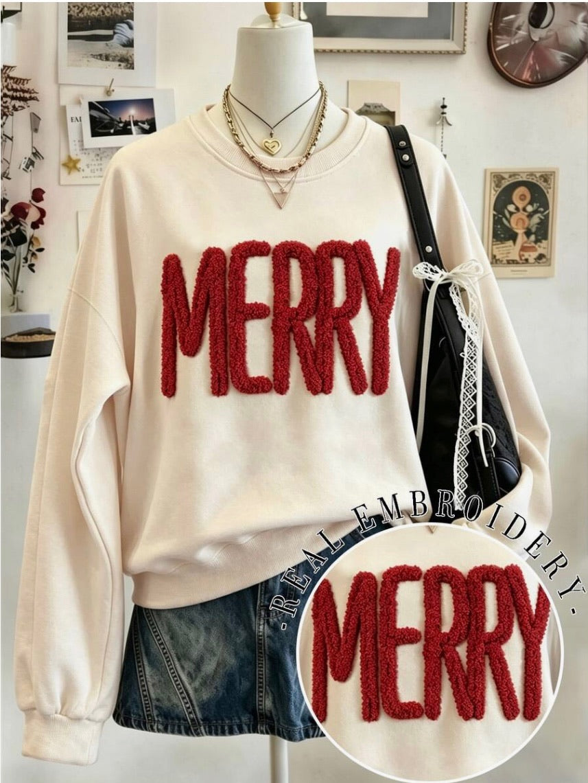 Winter Atmosphere Merry Embroidered Long Sleeve Top