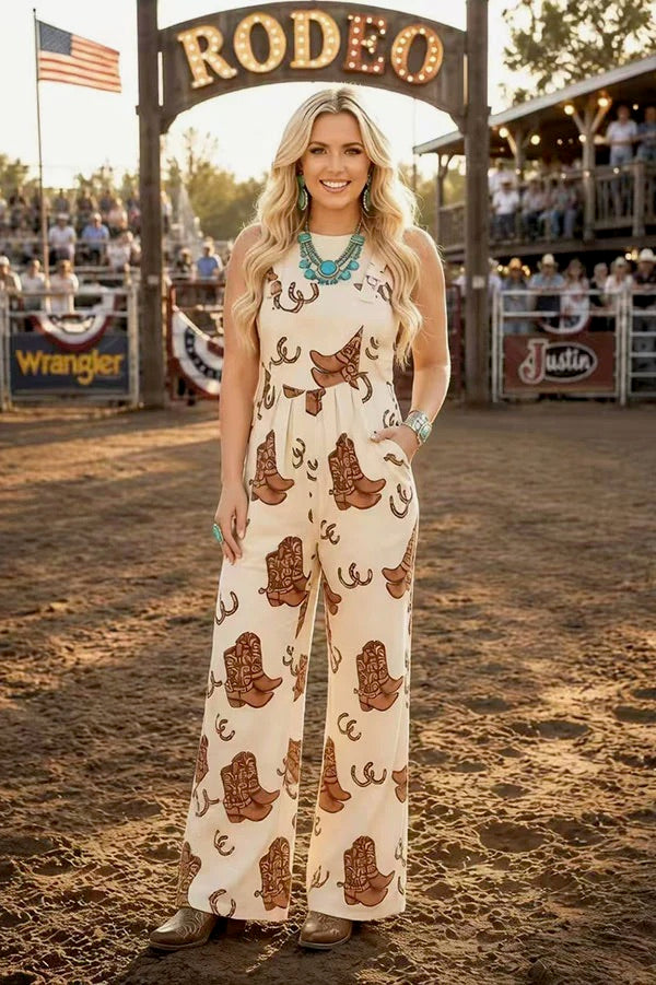 Western Boot &amp; Horseshoe Print Wide Leg Overalls