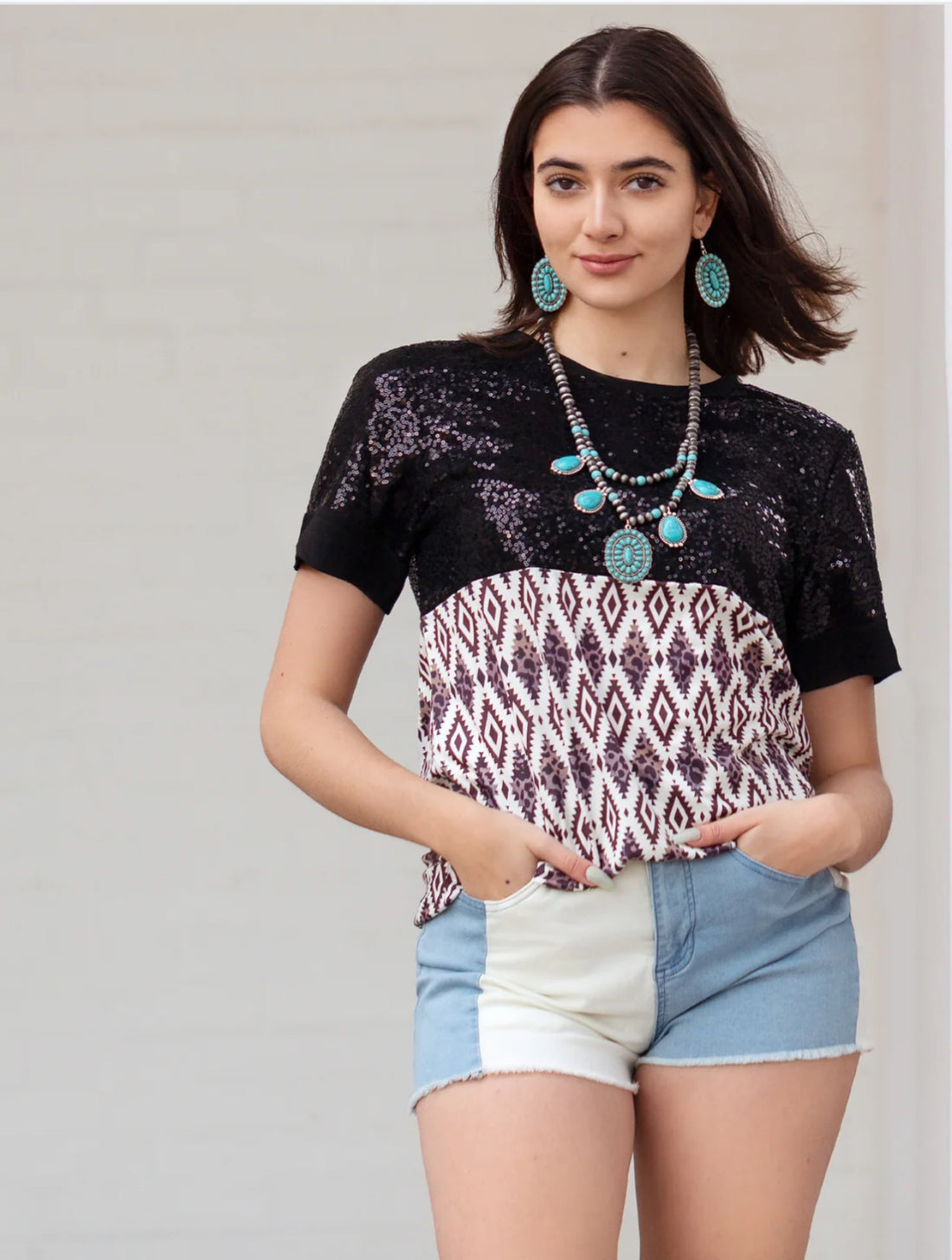 Half Sleeve Aztec Print and Sequin Top