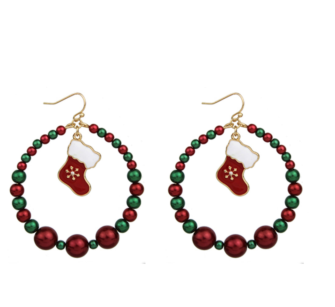 Red and Green Bead Hoop Dangle Earrings with Stocking Pendants