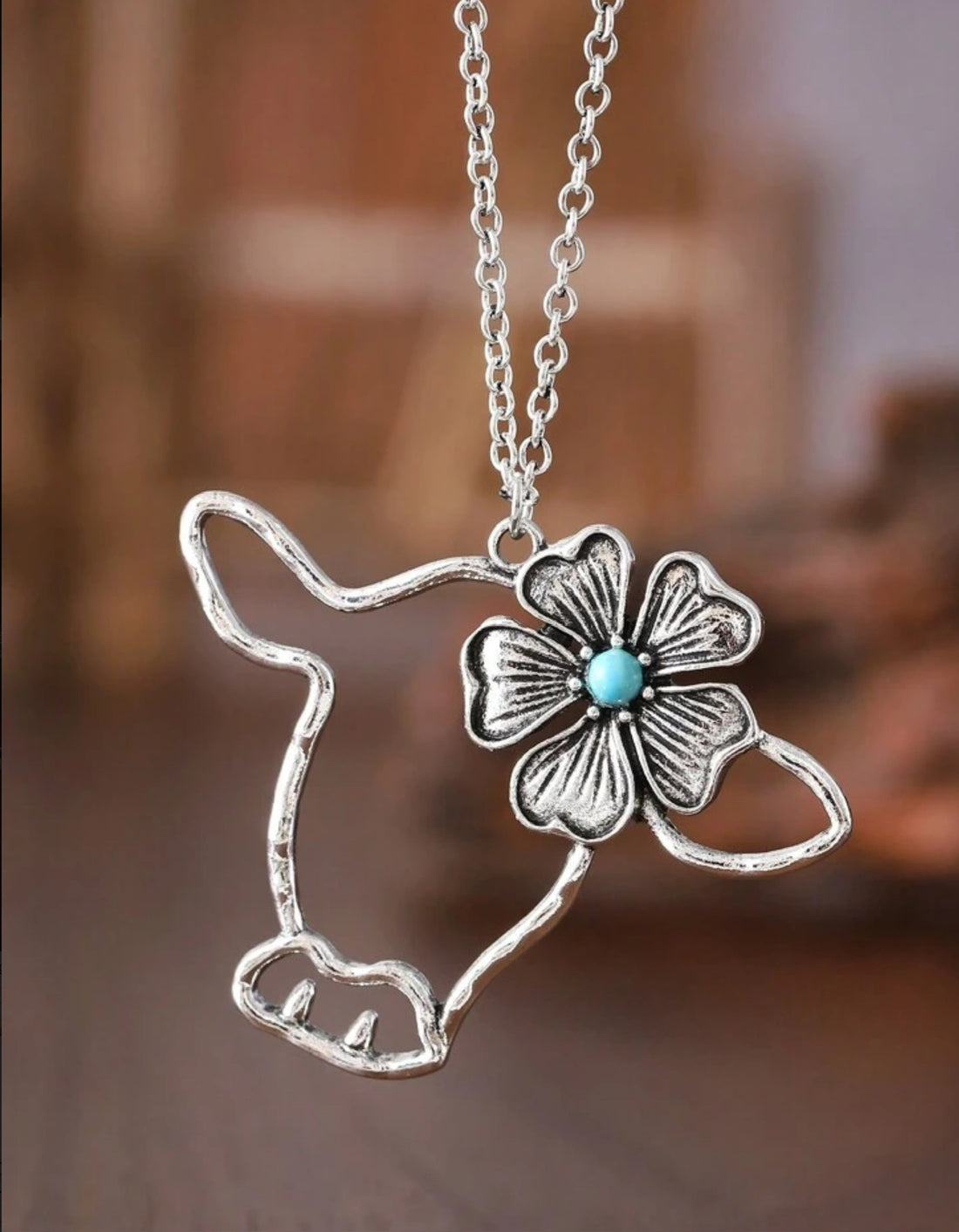 Burnished Silver Necklace with Cow Pendant