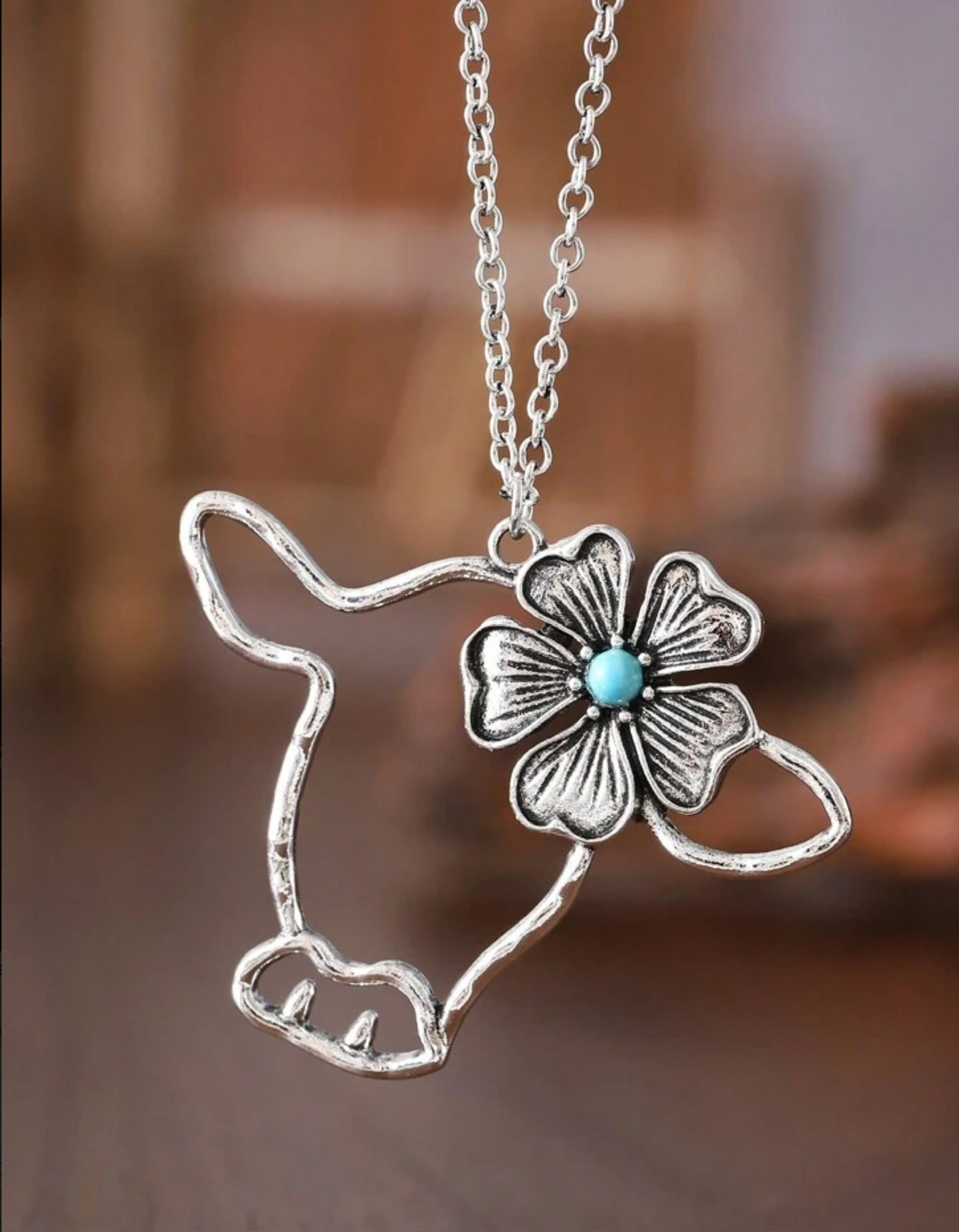 Burnished Silver Necklace with Cow Pendant