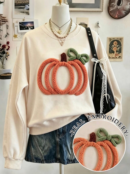 Autumn Bow Pumpkin Embroidered Long Sleeve Top