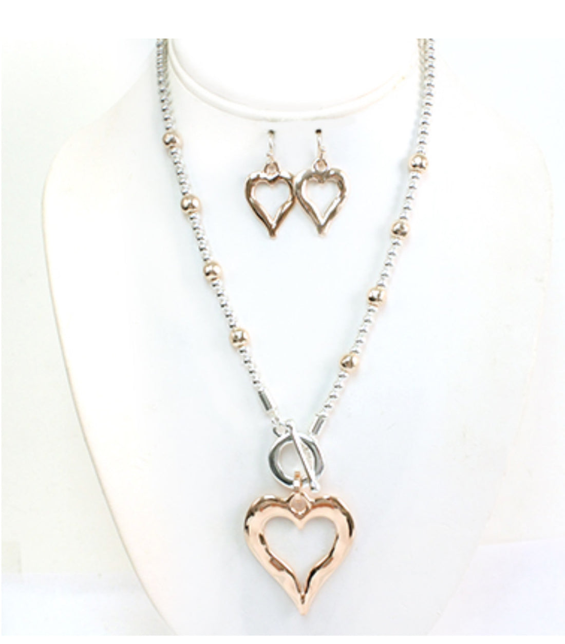 Silver and Rose Gold Bead Necklace with Heart Pendant and Matching Rose Gold Dangle Earrings