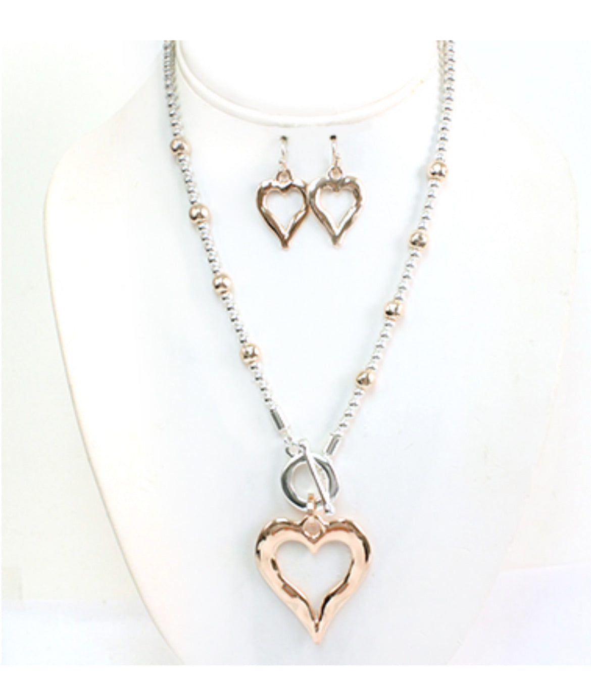 Silver and Rose Gold Bead Necklace with Heart Pendant and Matching Rose Gold Dangle Earrings