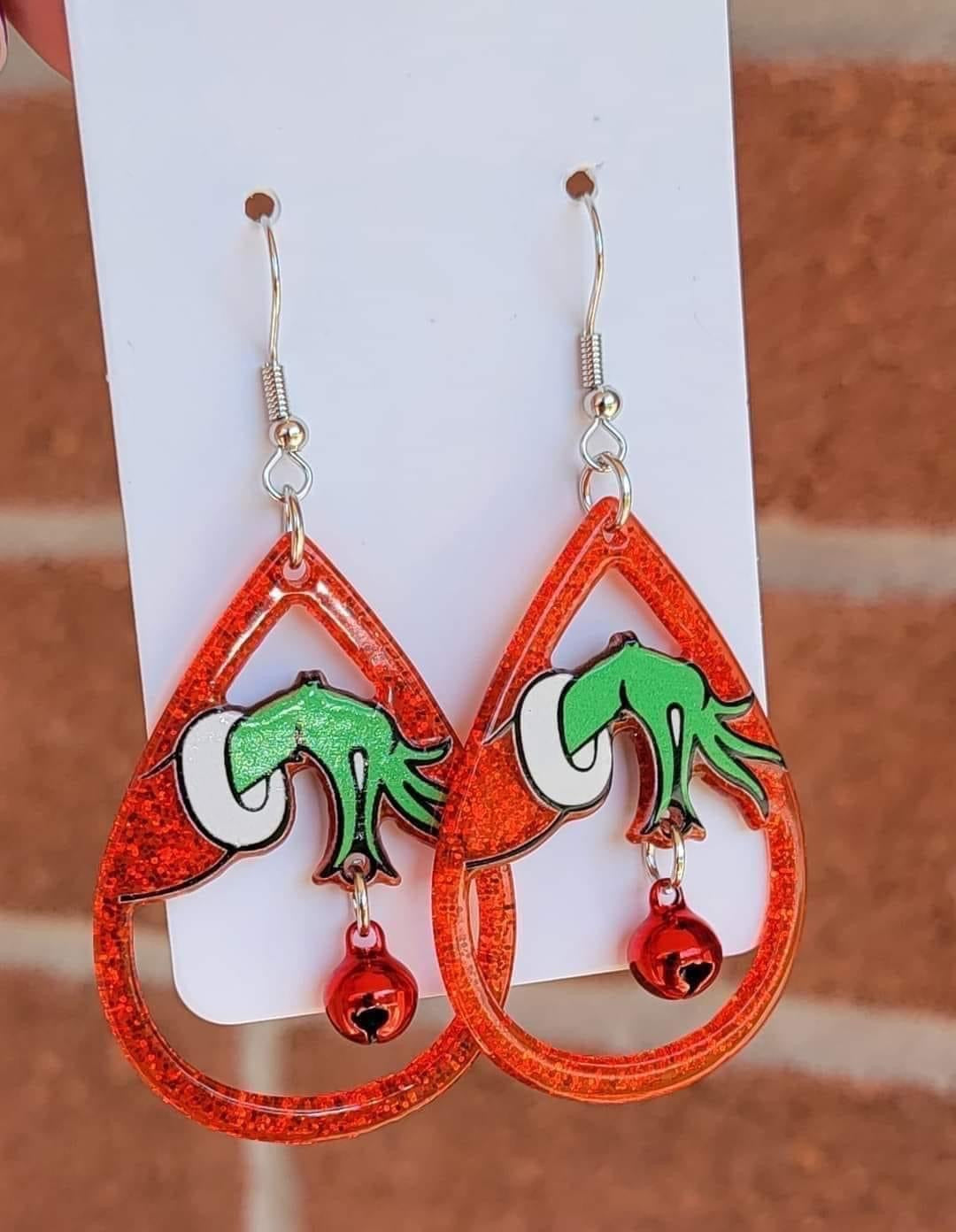 Grinch Hand with Bells Drop Earrings