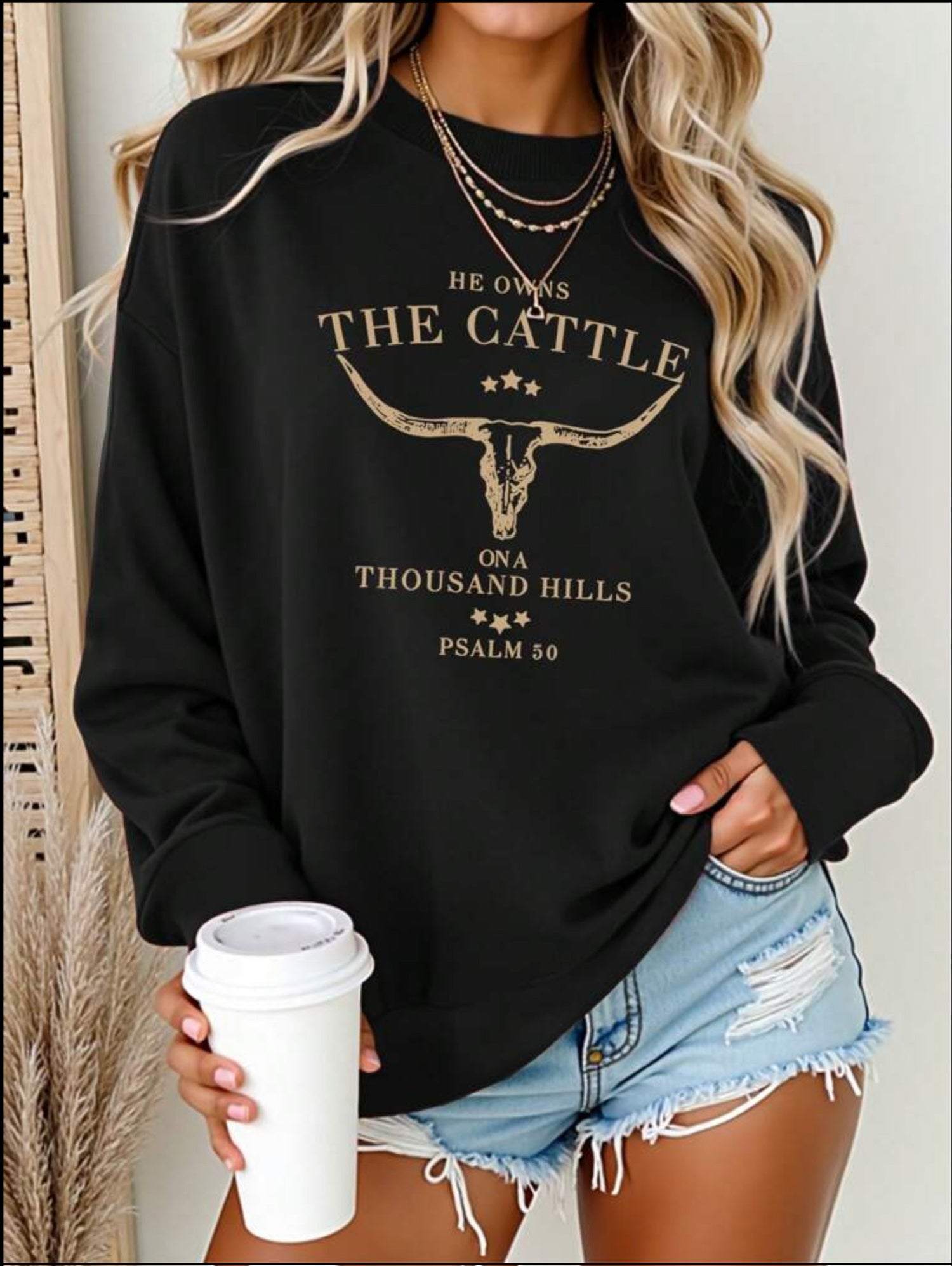 Western Casual Skull &amp; Faith Graphic Print Long Sleeve Top