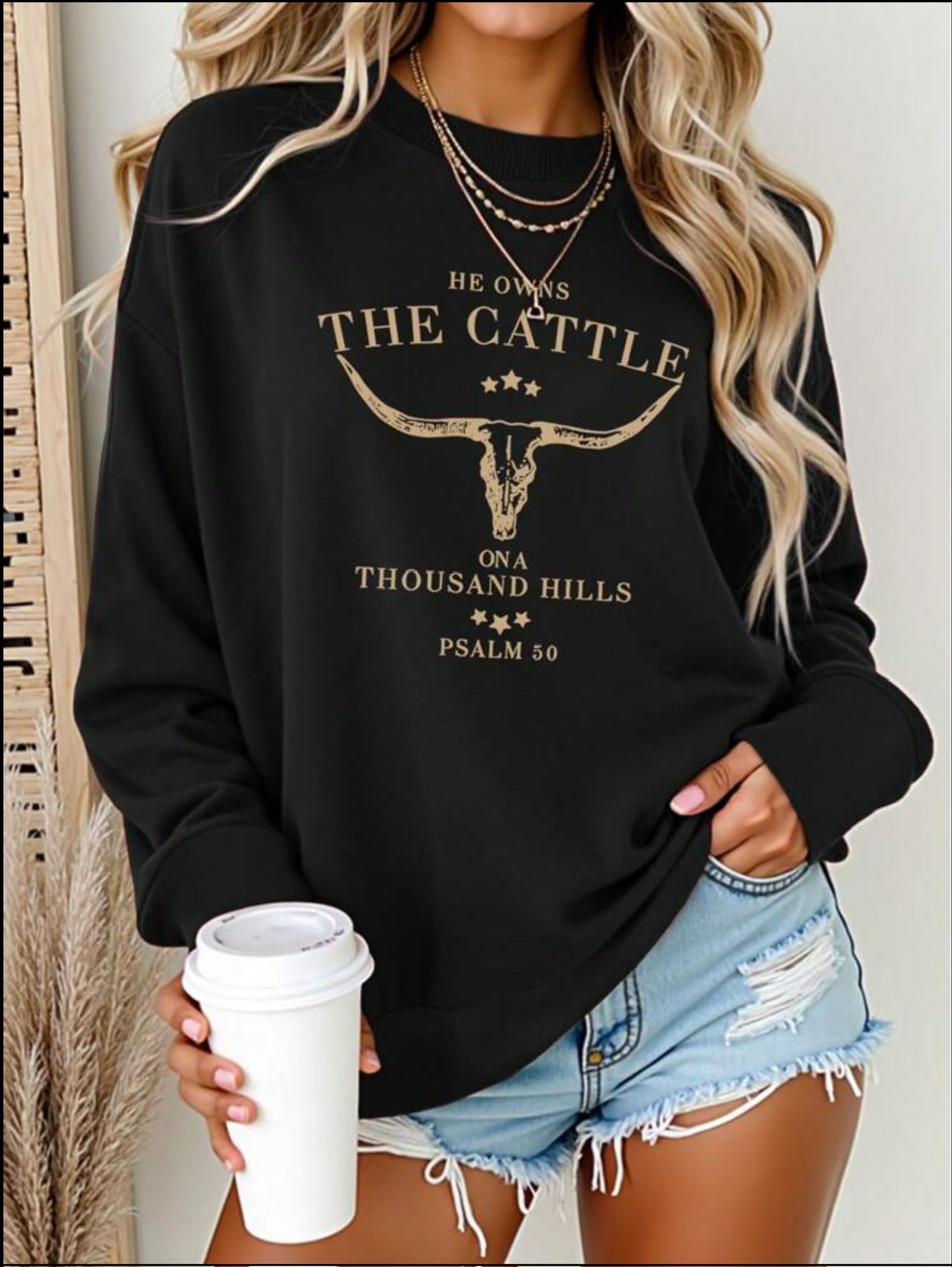 Western Casual Skull &amp; Faith Graphic Print Long Sleeve Top