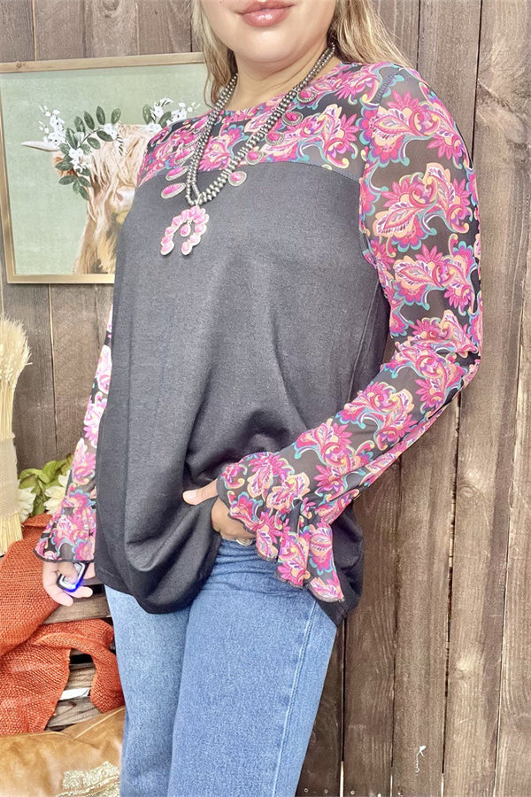 Mesh Paisley and Floral Print Black Color Block Top with Ruffle Sleeves